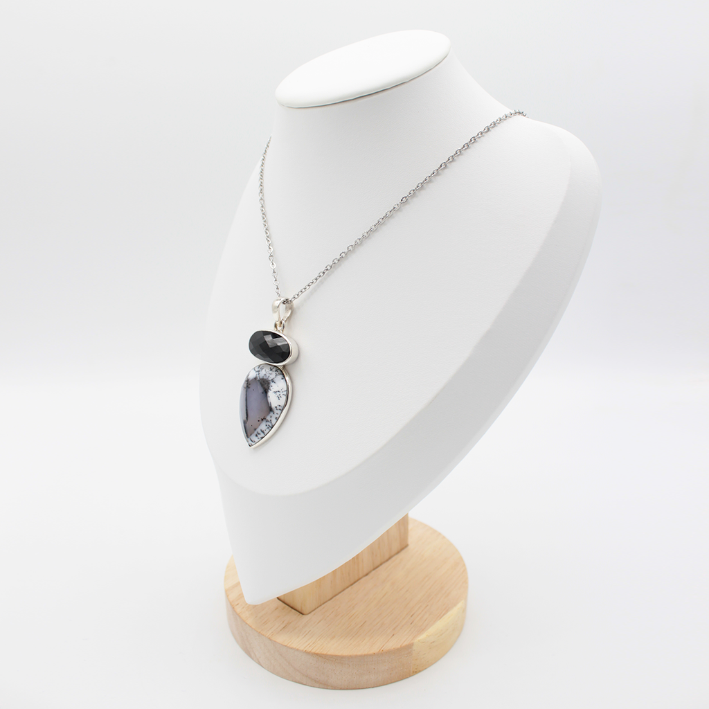 Pendentif Onyx Facetté & Agate Dendritique – Argent 925 (12 g)